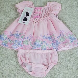 Little Lass Toddler Girls Dress 24M Pink Floral  3PC Bloomers & Sunglasses NWTGS